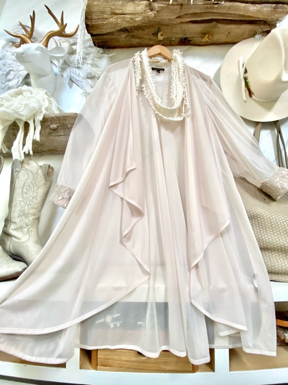 Semi sheer boho waterfall cover up w open front and lace/crochet detailing